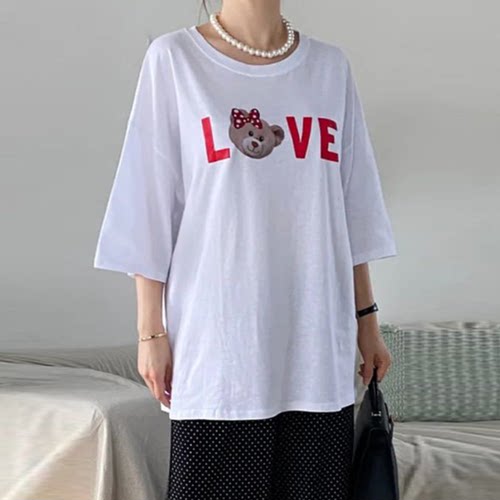 韩国代购大码女装胖mm夏装新品可爱卡通熊LOVE字母图案短袖T恤714