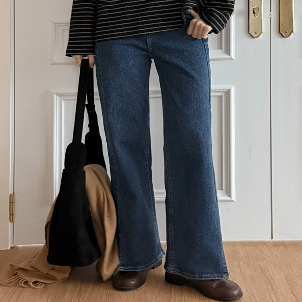 韩国特大码女装胖mm冬装新品时尚纯色中腰裤脚开叉休闲牛仔裤1202