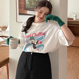 可爱卡通图案圆领宽松短袖 韩国大码 新品 胖mm冬装 休闲T恤1219 女装