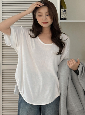 韩国特大码女装胖mm冬装新品靓丽纯色侧开叉宽松短袖休闲T恤1113