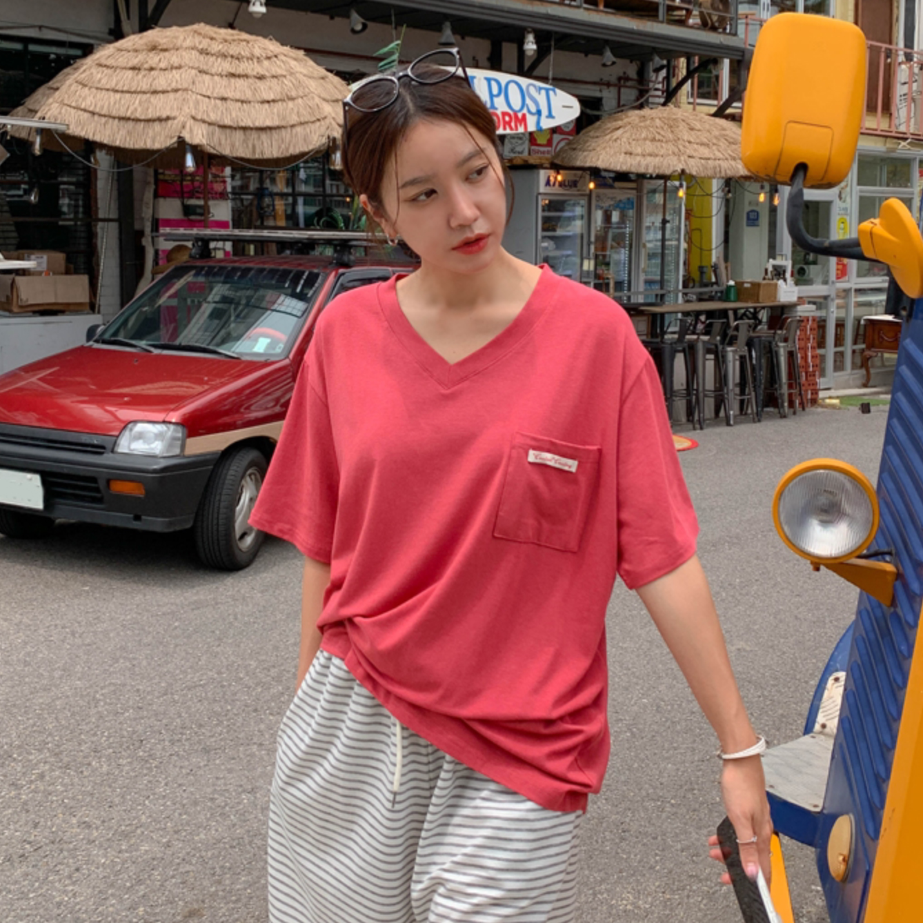 韩国大码女装胖mm夏装新品时尚字母标口袋V领宽松短袖休闲T恤628