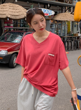 韩国大码女装胖mm夏装新品时尚字母标口袋V领宽松短袖休闲T恤628
