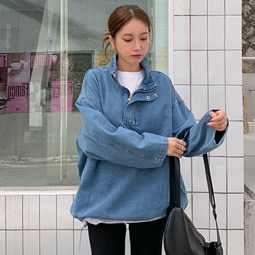 韩国大码女装胖mm秋装新品时尚纯色半开襟拉链立领宽松牛仔卫衣99