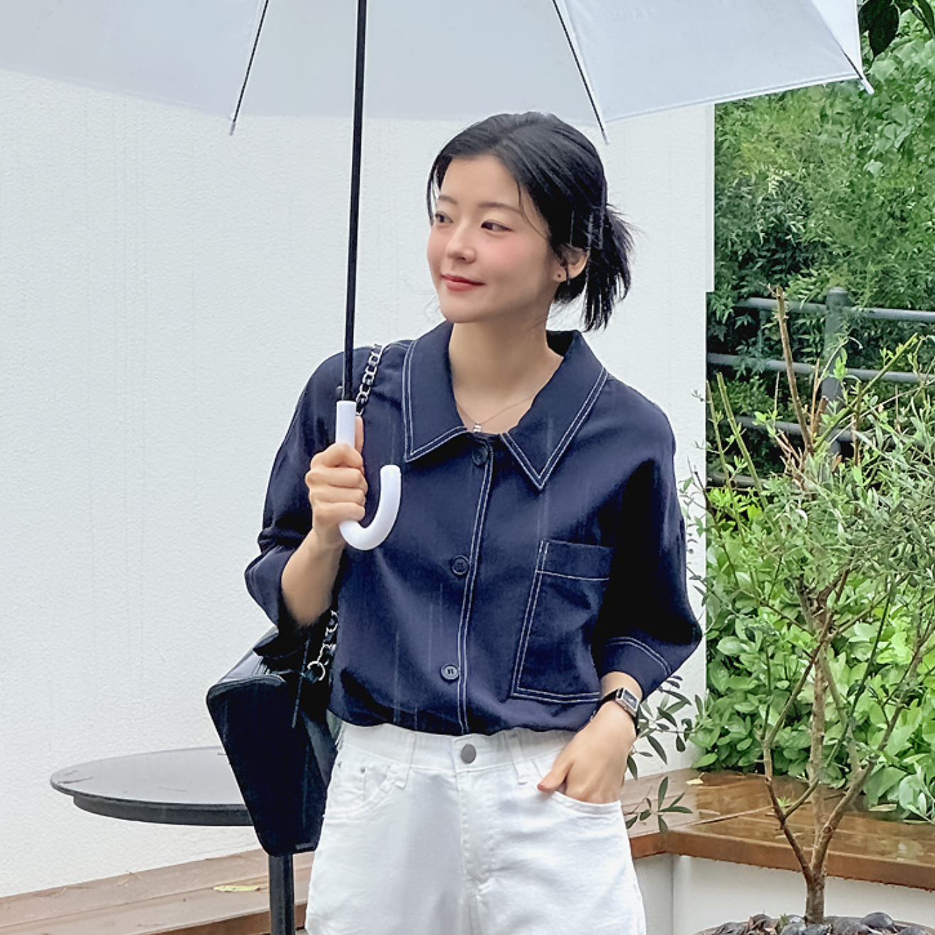 韩国大码女装胖mm夏装新品时尚拼色车缝线大口袋短袖休闲衬衫720