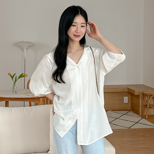 女装 新品 韩国特大码 胖mm夏装 615 靓丽纯色大翻领宽松甜美短袖 衬衫