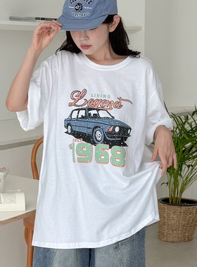韩国特大码女装胖mm夏装新品时尚卡通汽车字母图案宽松短袖T恤809