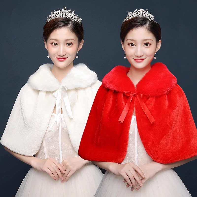 新娘披肩冬季结婚婚纱外搭白色斗篷婚礼秀禾旗袍披风女保暖毛披肩