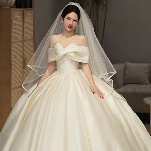 法式新娘缎面拖尾大头纱主婚纱公主风2024新款新娘头纱高级结婚