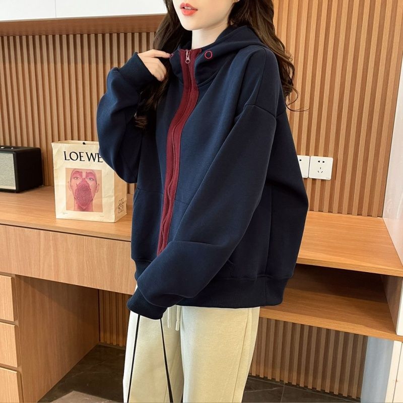 撞色连帽卫衣女春秋薄款外套开衫图片