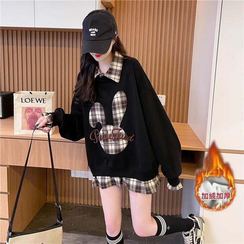 纯棉长袖t恤卫衣女秋冬2025新款假两件拼接学生加绒加厚POLO上衣