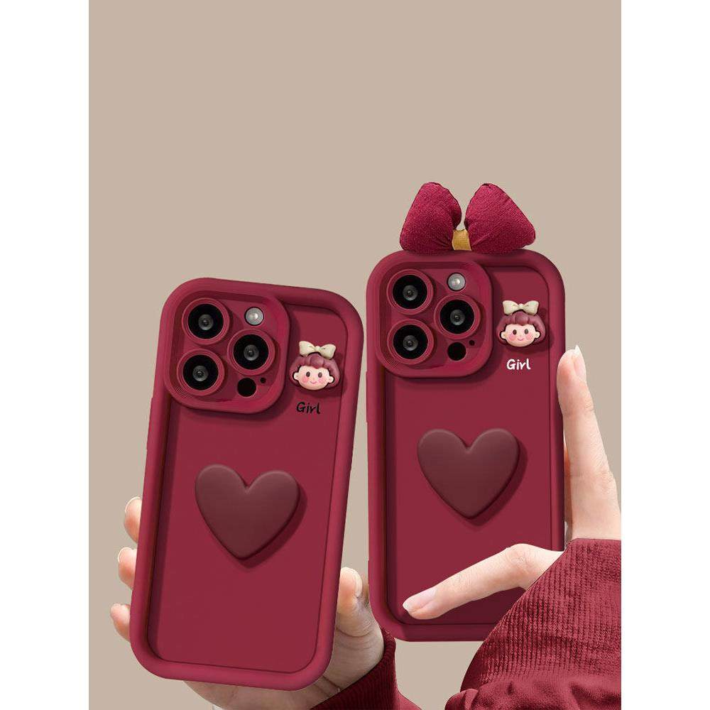 酒红色立体爱心蝴蝶结适用VVIOS17手机壳vivox80/x70x/x60pro新款s16/s15e保护套iqooz8女neo7se个性y78/y35m,3C数码配件,手机保护套/壳,淘宝优惠券,粉丝福利购,淘宝优惠卷