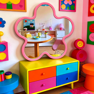 网红打卡花朵化妆桌镜子贴画多巴胺摆件卧室面装 饰房间布置3d立体