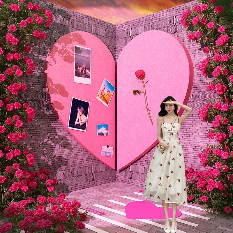 网红许愿爱心板打卡公仔拍照区氛围布置玫瑰花墙面装饰背景形象