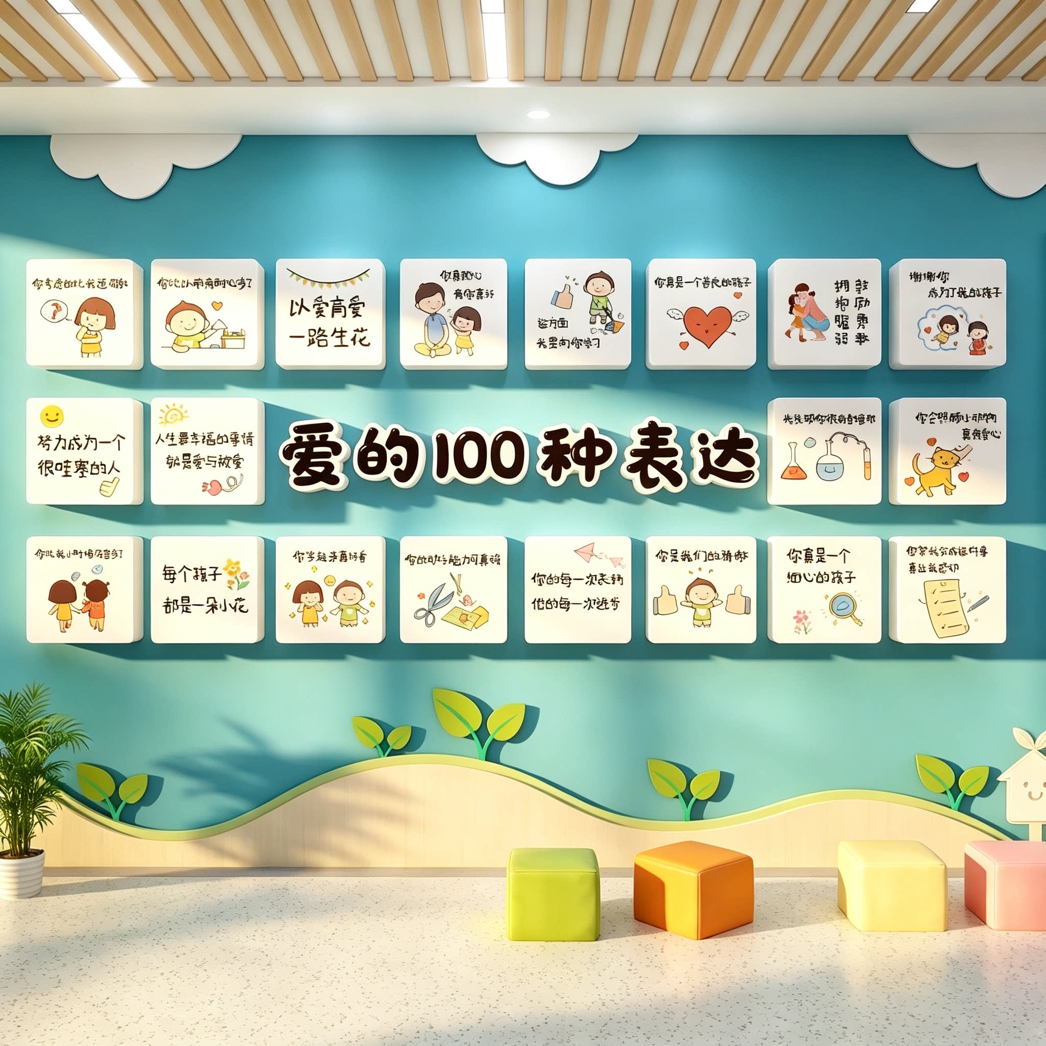 幼儿园环创文化托管班墙面装饰爱的100种表达培训机构儿童节走廊图片