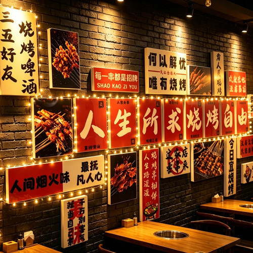 网红打卡烧烤肉店墙面装饰画创意餐饮工业风氛围布置形象广告贴纸