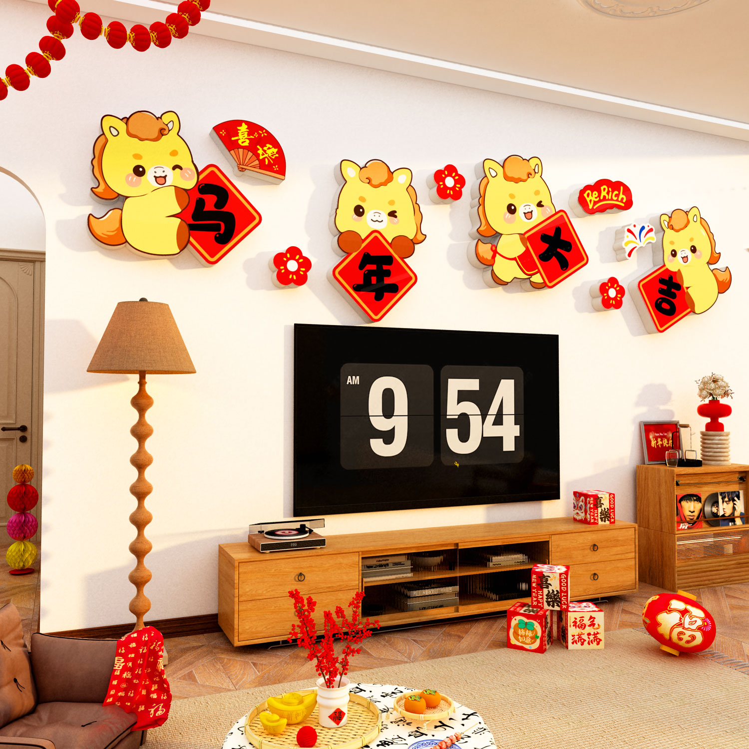 2026马新年春节氛围布置电视机背景墙面装饰画客厅3d立体挂件点缀