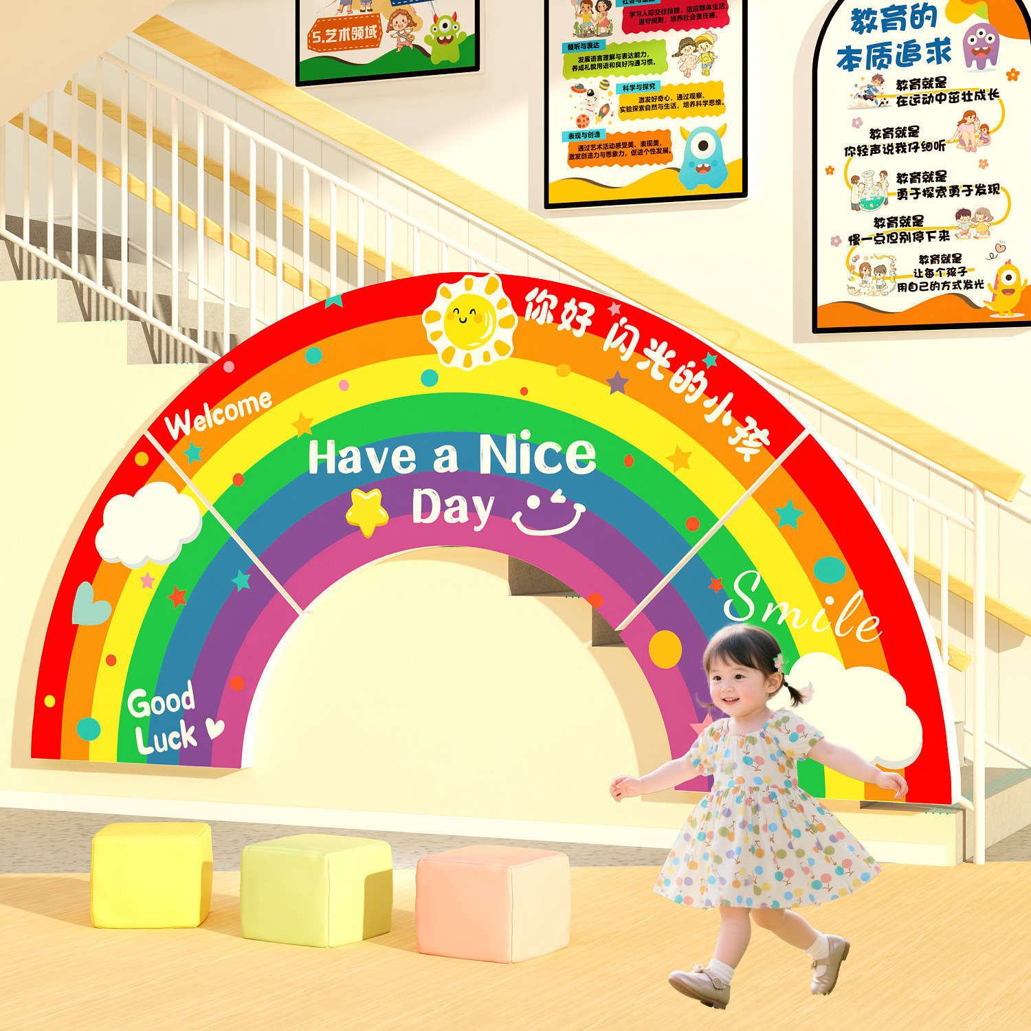 幼儿园环创主题成品彩虹班级文化墙面多巴胺装饰贴你好闪光的小孩