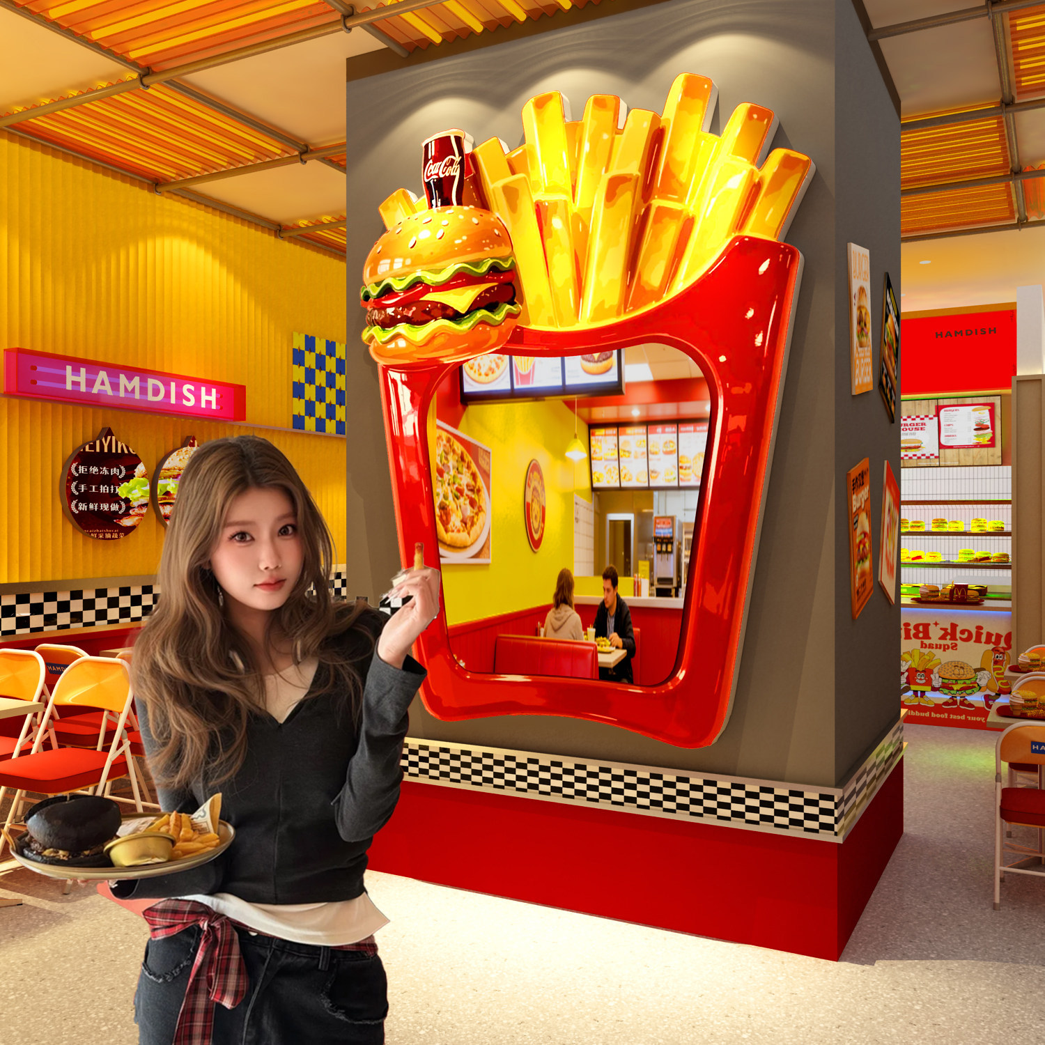 网红美式汉堡店薯条镜子进门头吸引人墙面装饰品打卡氛围布置背景