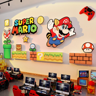网吧电竞馆酒店房间布置装 饰超级玛丽马里奥3d立体贴纸背景壁挂画