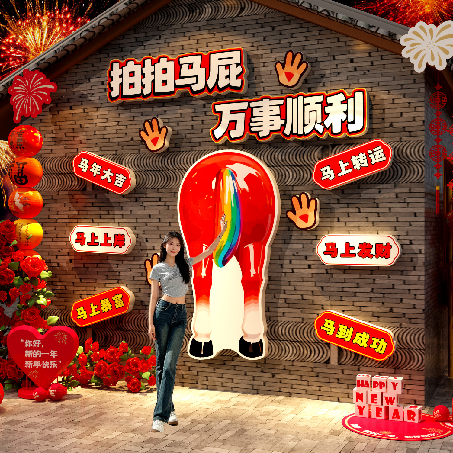 2026新年拍马屁过春节网红墙面装饰品打卡布置氛围场造背景小院,家居饰品,软装墙贴,淘宝优惠券,粉丝福利购,淘宝优惠卷
