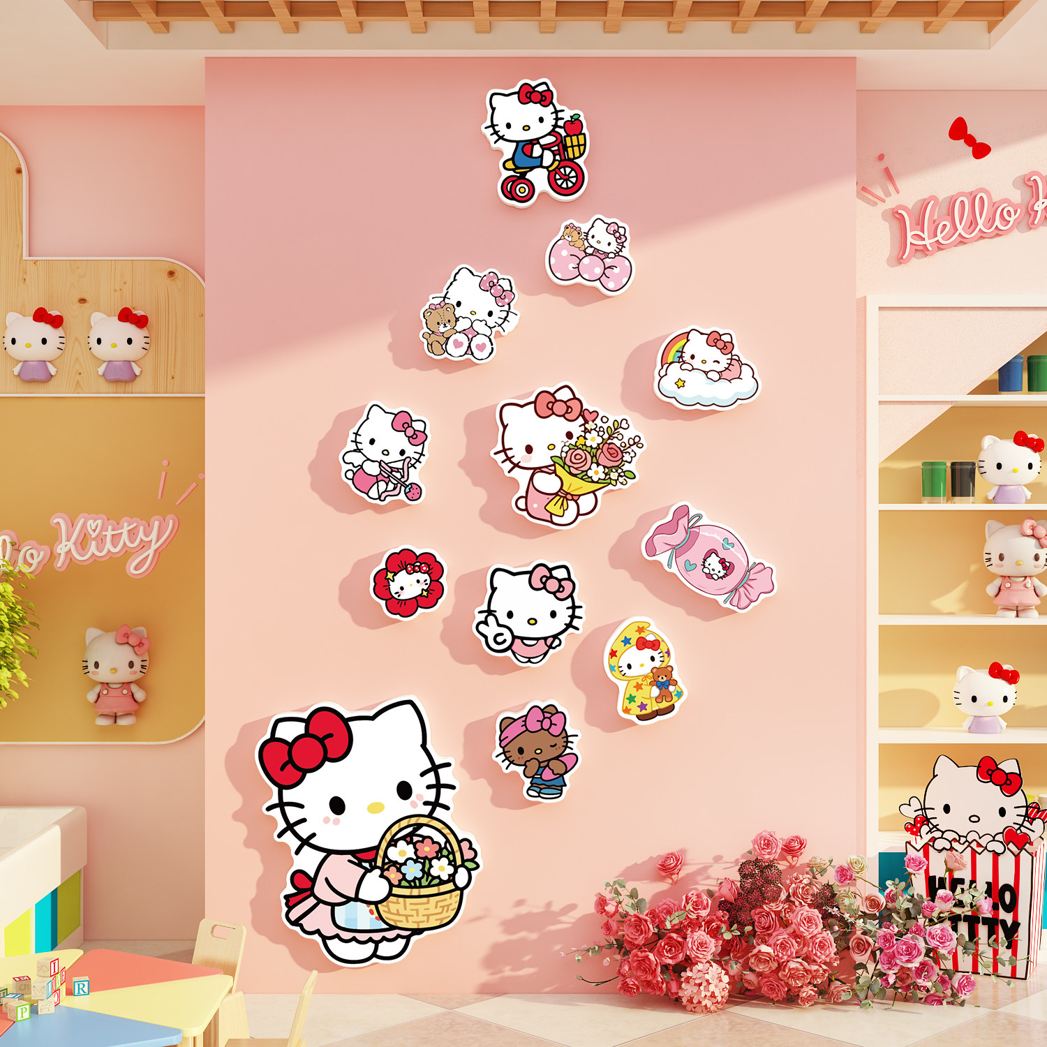 网红打卡拍照hellokitty凯蒂猫贴纸玫瑰花墙面装饰氛围布置背造景