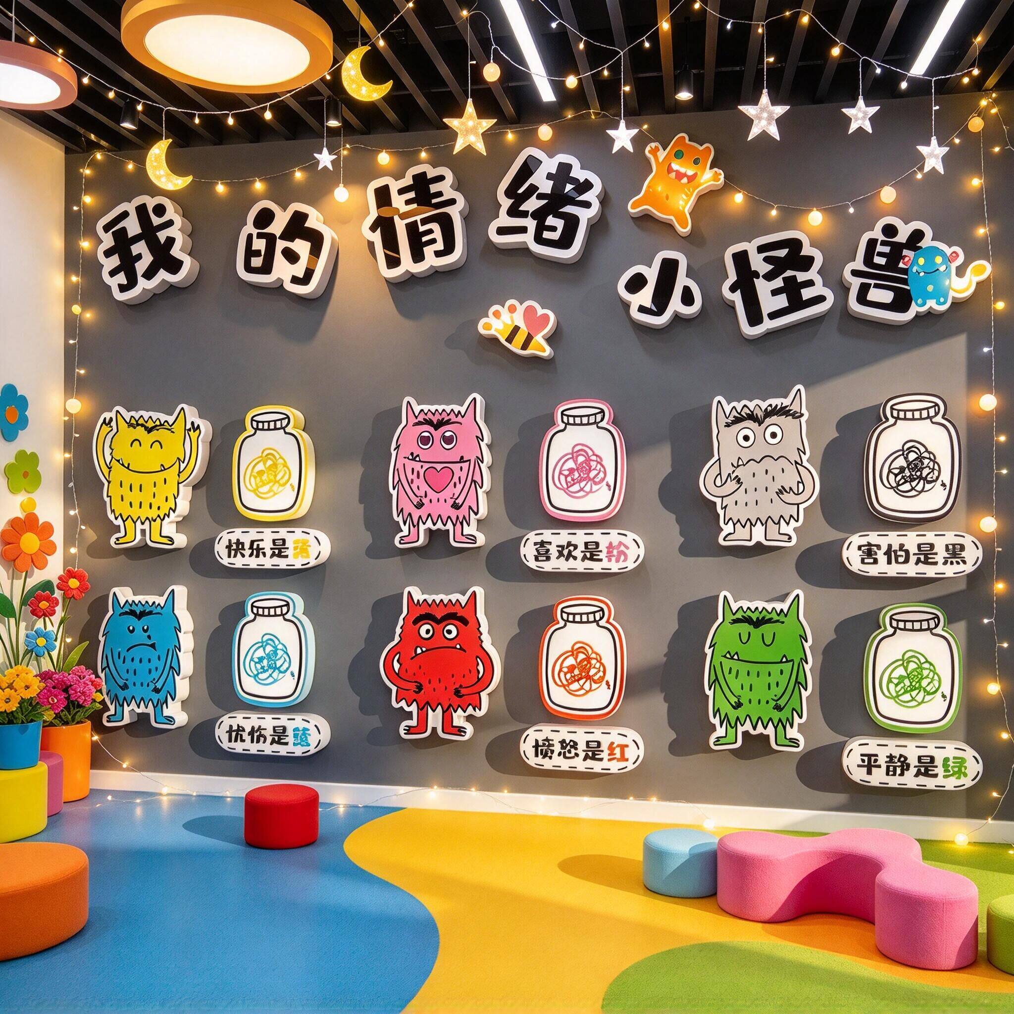 幼儿园环创主题墙布置情绪管理文化墙冷静角贴小怪兽装饰品kt板