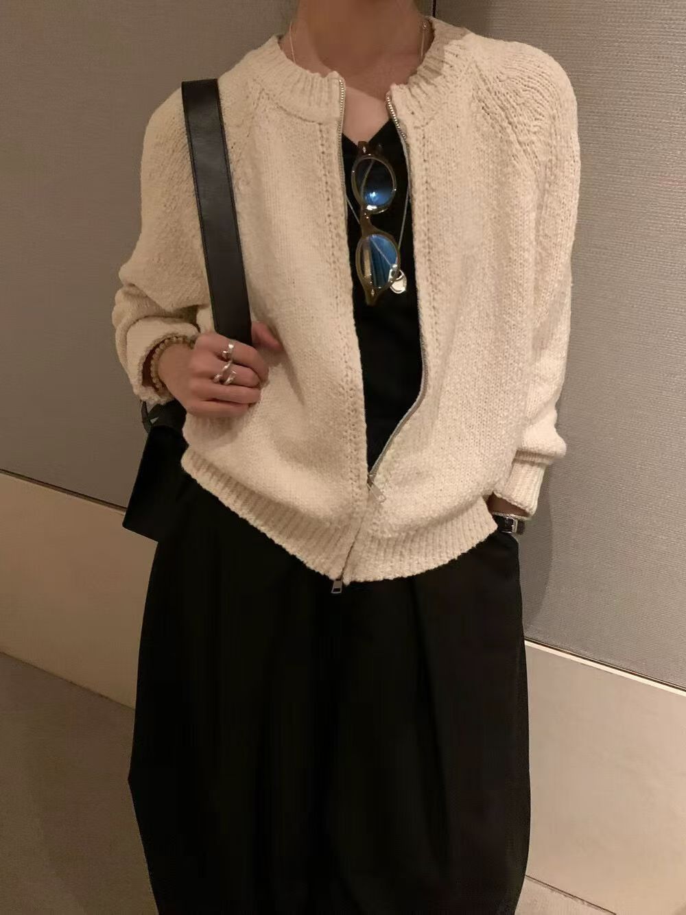 2025秋冬新款韩版学院风双拉链毛衣外套女宽松外穿百搭减龄针织衫