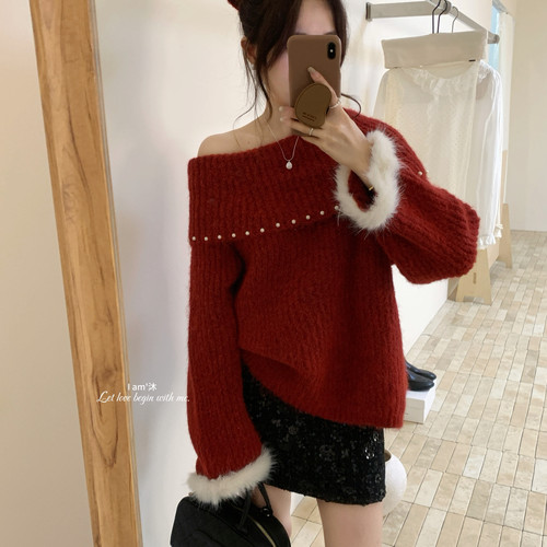 HOTTER-点缀毛毛拼接斜肩套头针织保暖毛衣(不配发圈)YS1-HH11322