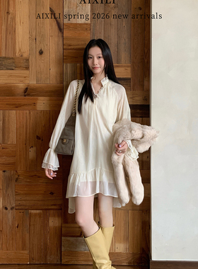 AIXILI爱西里-质高级氛围感雪纺飘逸感荷叶边袖口设计连衣裙15813