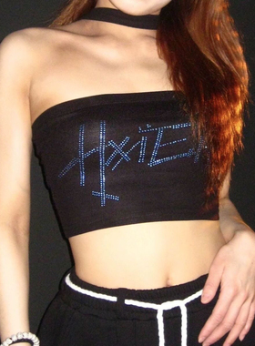 HXIEN烫钻闪钻抹胸美式复古挂脖背心爆闪吊带