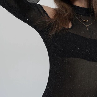 黑暗荣耀连体衣超长袖细闪露肩黑丝上衣heels显腿长舞蹈穿