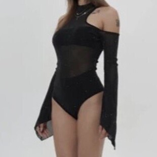 黑暗荣耀连体衣超长袖细闪露肩黑丝上衣heels显腿长舞蹈穿