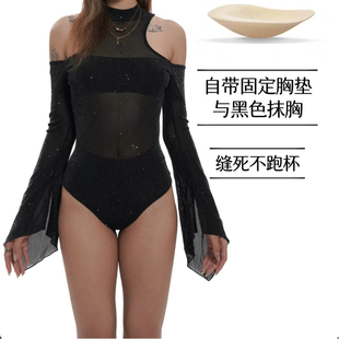 黑暗荣耀连体衣超长袖细闪露肩黑丝上衣heels显腿长舞蹈穿