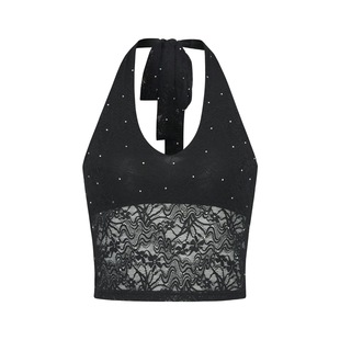 JAVNOVA高弹蕾丝烫钻V领低领修身收腰挂脖吊带背心