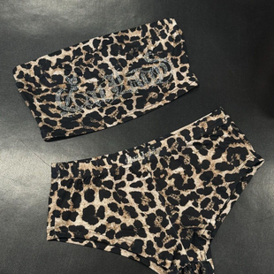 CATLADY 欧美风Heels钢管爵士豹纹抹胸字母烫钻上衣