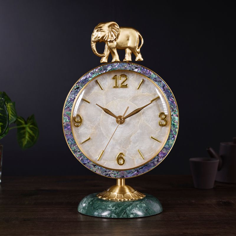 大象座钟黄铜台式钟表摆件客厅家用贝壳现代简约桌面时钟静音台钟