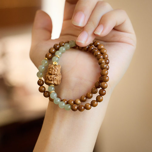 天然库克菩提手串18K金东迦檀香九尾狐和田玉手串国风礼物