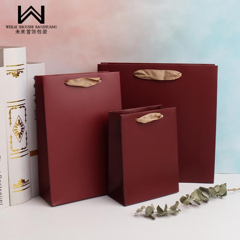 酒红丝带手提袋珠宝首饰包装袋礼品袋购物纸袋子饰品收纳袋印logo
