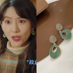 生活在别处夏果同款S925银针复古港风蓝绿镂空耳环几何简约不对称