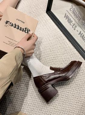 唐长老手工鞋 乐福鞋粗跟高跟鞋2025春黑色棕色深口真皮圆头单鞋