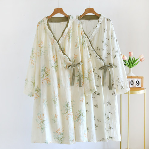 夏季纯棉纱布薄款日式和服浴衣女中长款睡袍开衫系带花边公主碎花
