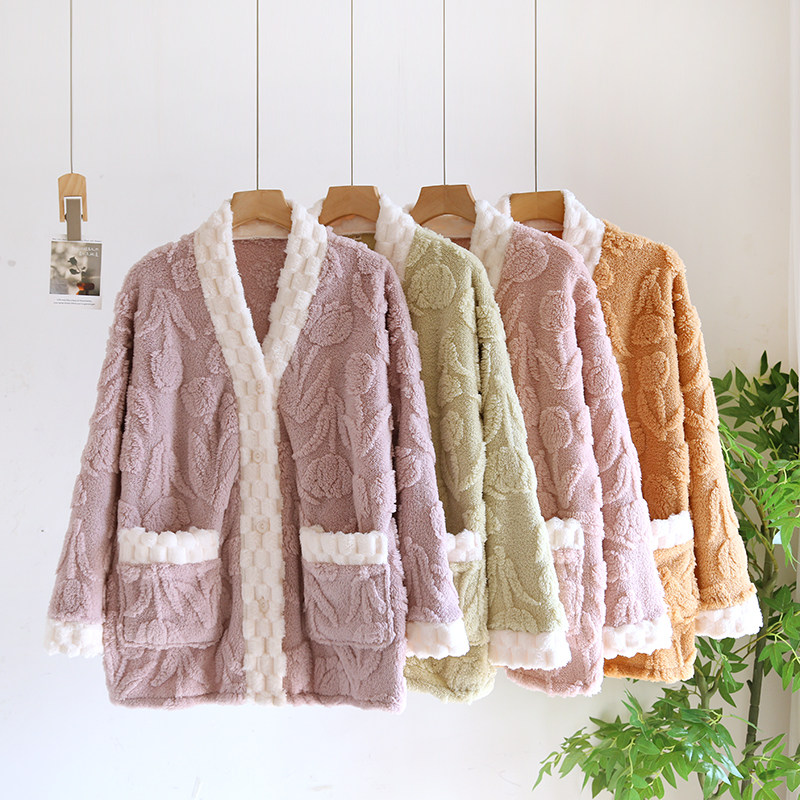 秋冬法兰绒上衣女加绒加厚珊瑚绒家居服外套睡衣开衫立体提花V领