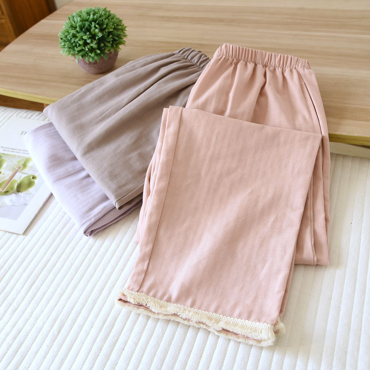 春夏薄款纯棉睡裤女直筒流苏花边长裤全棉家居裤带口袋纯色简约