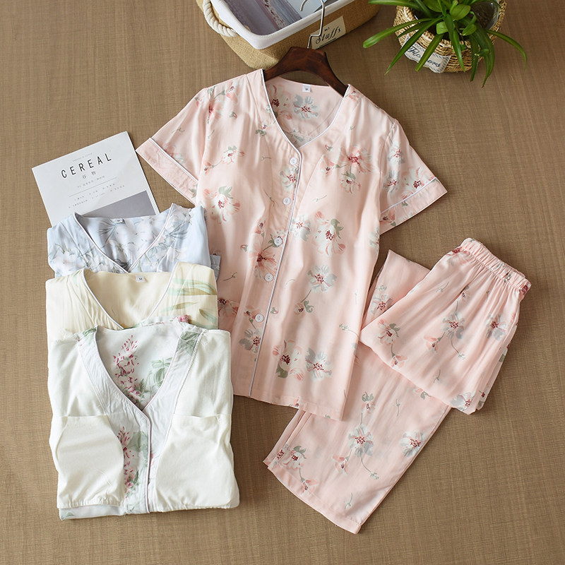 夏超薄棉绸短袖长裤睡衣女带胸垫家居服套装人棉开衫碎花凉空调房,女士内衣/男士内衣/家居服,睡衣/家居服套装,淘宝优惠券,粉丝福利购,淘宝优惠卷