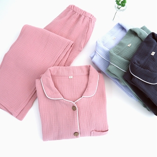 夏季纯棉双层纱布睡衣圆领开衫全棉家居服纯色情侣泡泡纱婴儿棉