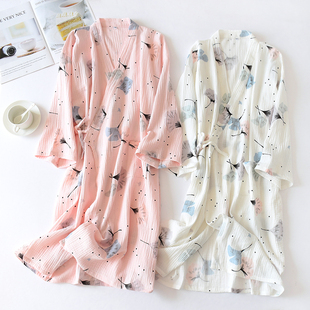 夏季薄款绉布纯棉双层纱布睡袍女中长款开衫和风浴衣浴袍全棉睡裙