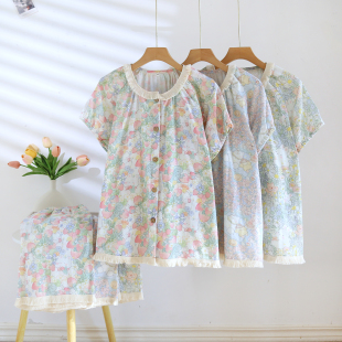 全棉开衫 短裤 卡通可爱吸汗 纯棉睡衣女双层纱布短袖 流苏花边夏季