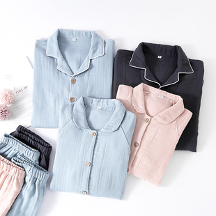 春秋无印风纯棉四层纱布睡衣女长袖圆领开衫全棉家居服男纯色开衫