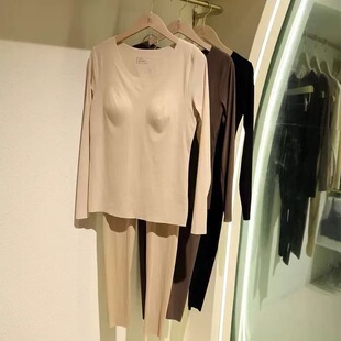 LP新款女士圆领美肤保暖内衣套装无痕秋衣秋裤女粗螺纹羊绒磨毛