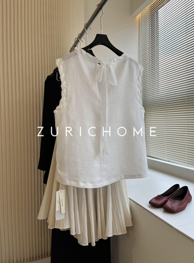 ZURICH HOME 法风少女 绞花领口后背系带 白色亚麻宽松无袖背心